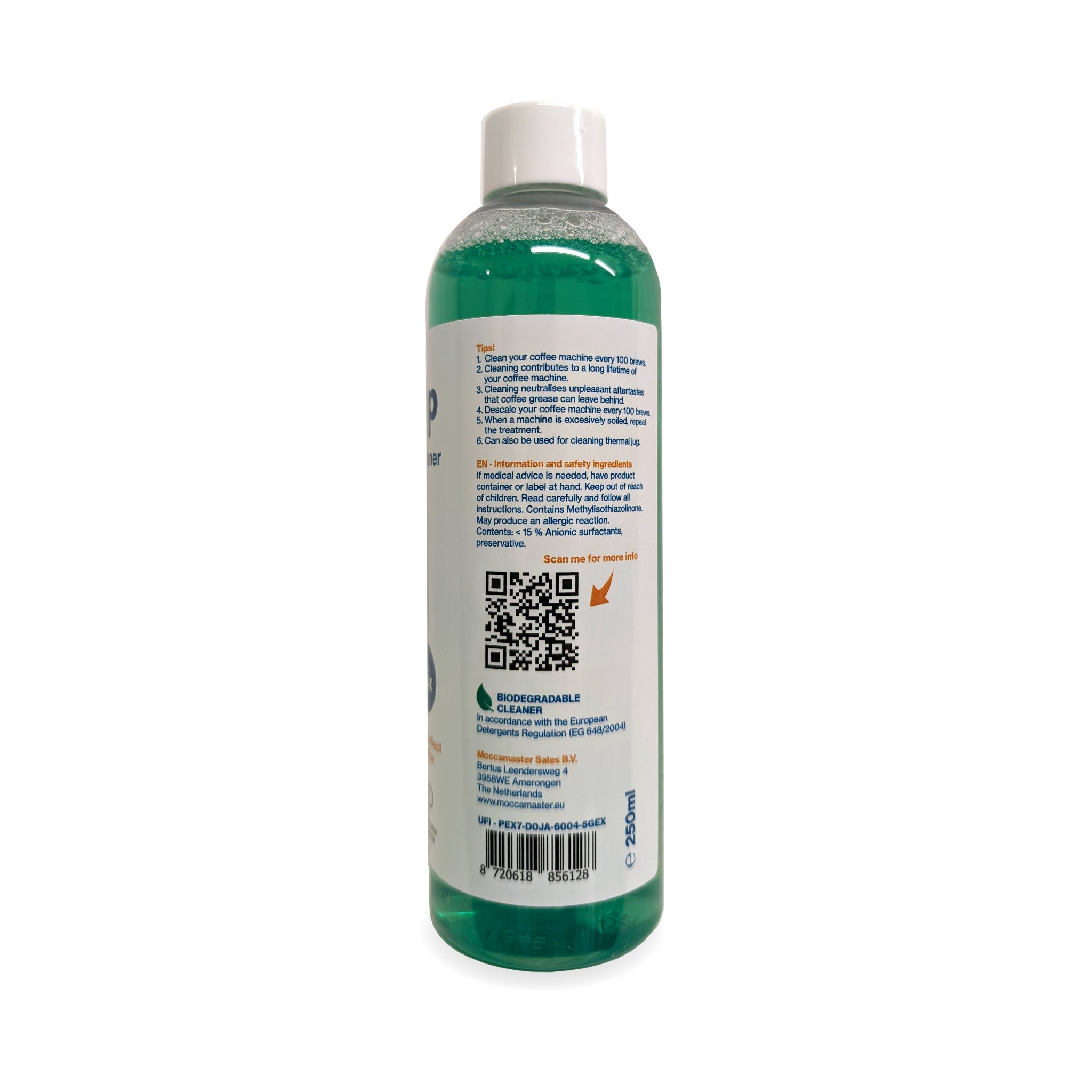 250-ml-Flasche mit Moccamaster Cleandrip Reinigungsmittel. Rückseite der Flasche.