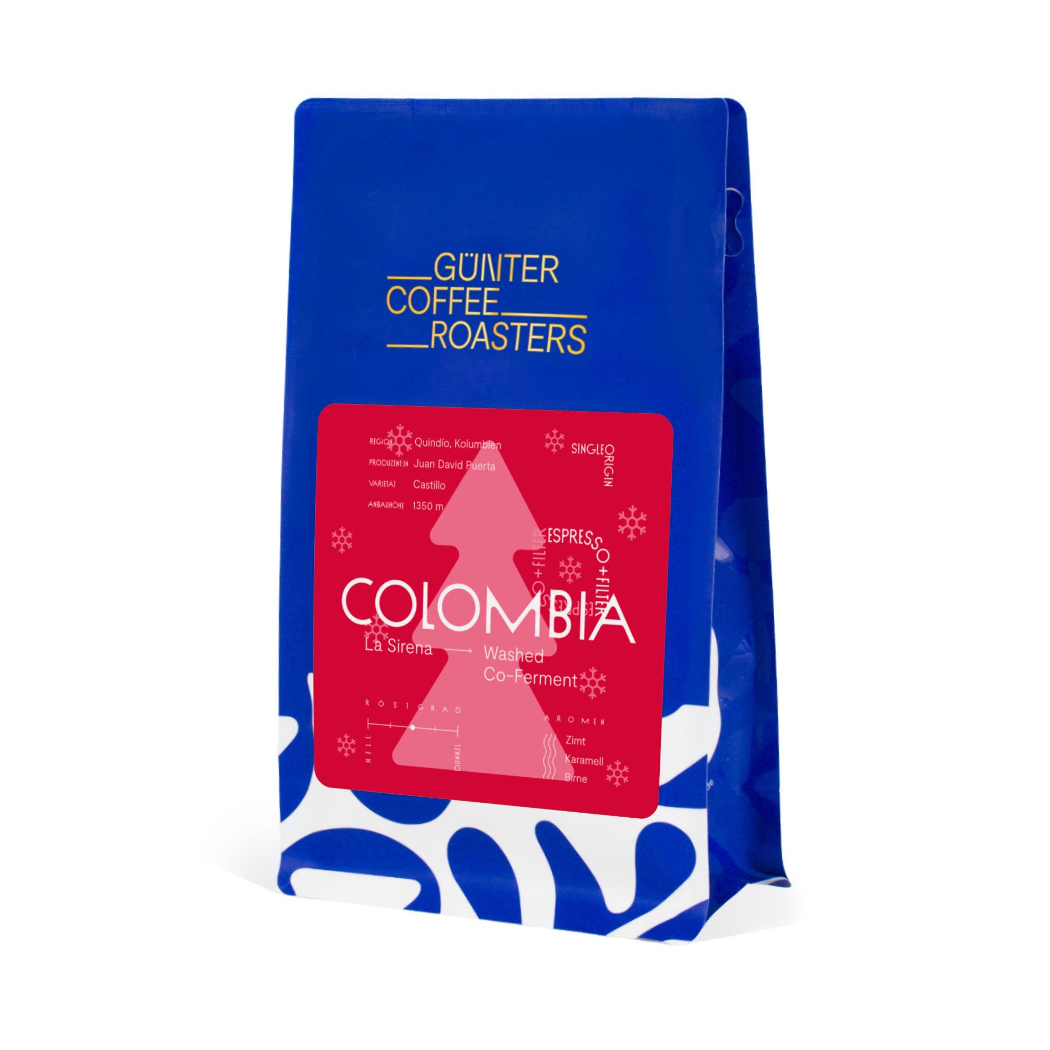 Kaffeepackung Colombia La Sirena Weihnachtskaffee für Filterkaffee und Espresso. Schmeckt nach Zimt, Karamell und Birne. Röstgrad 3/5.