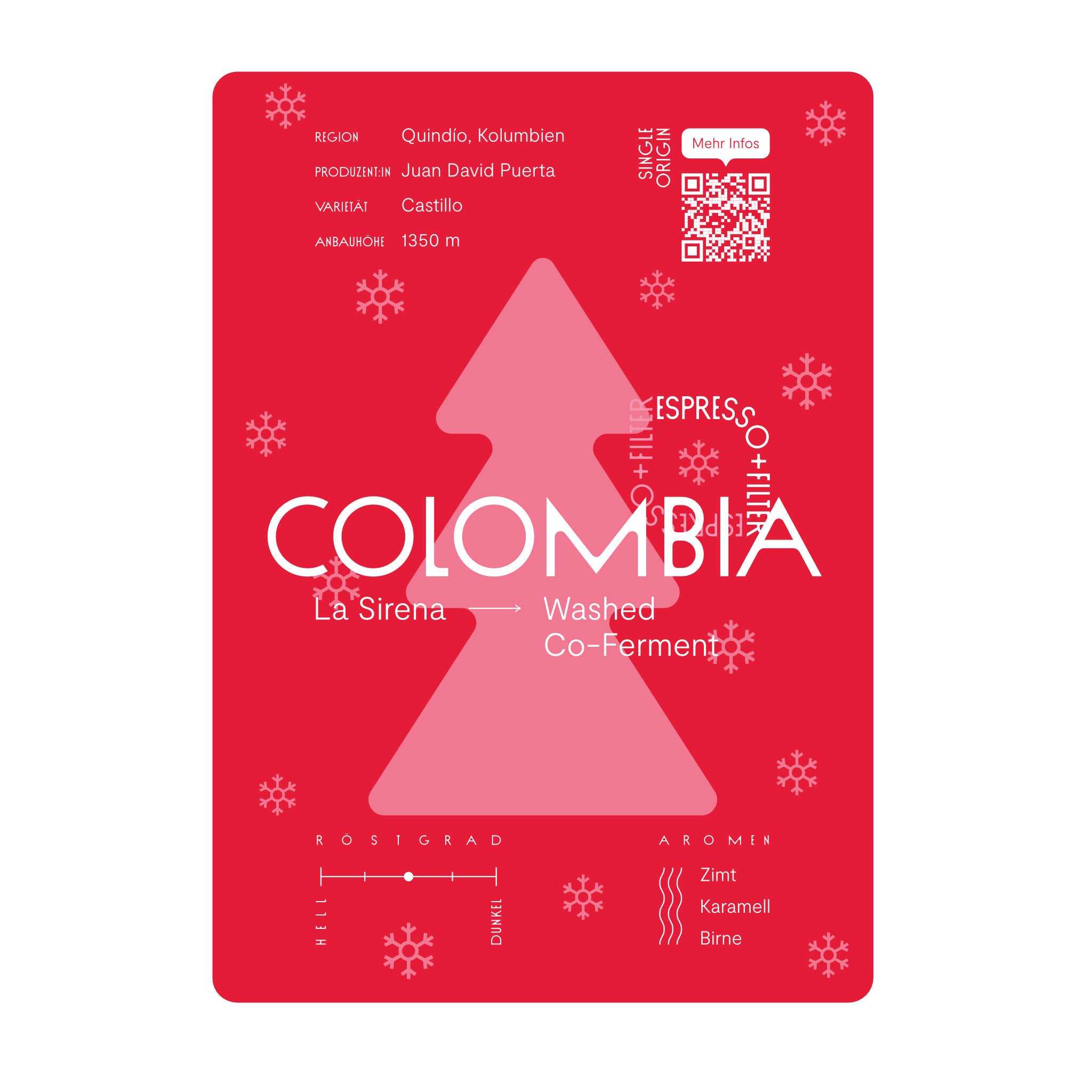 Infokarte Colombia La Sirena Weihnachtskaffee für Filterkaffee und Espresso. Schmeckt nach Zimt, Karamell und Birne. Röstgrad 3/5.