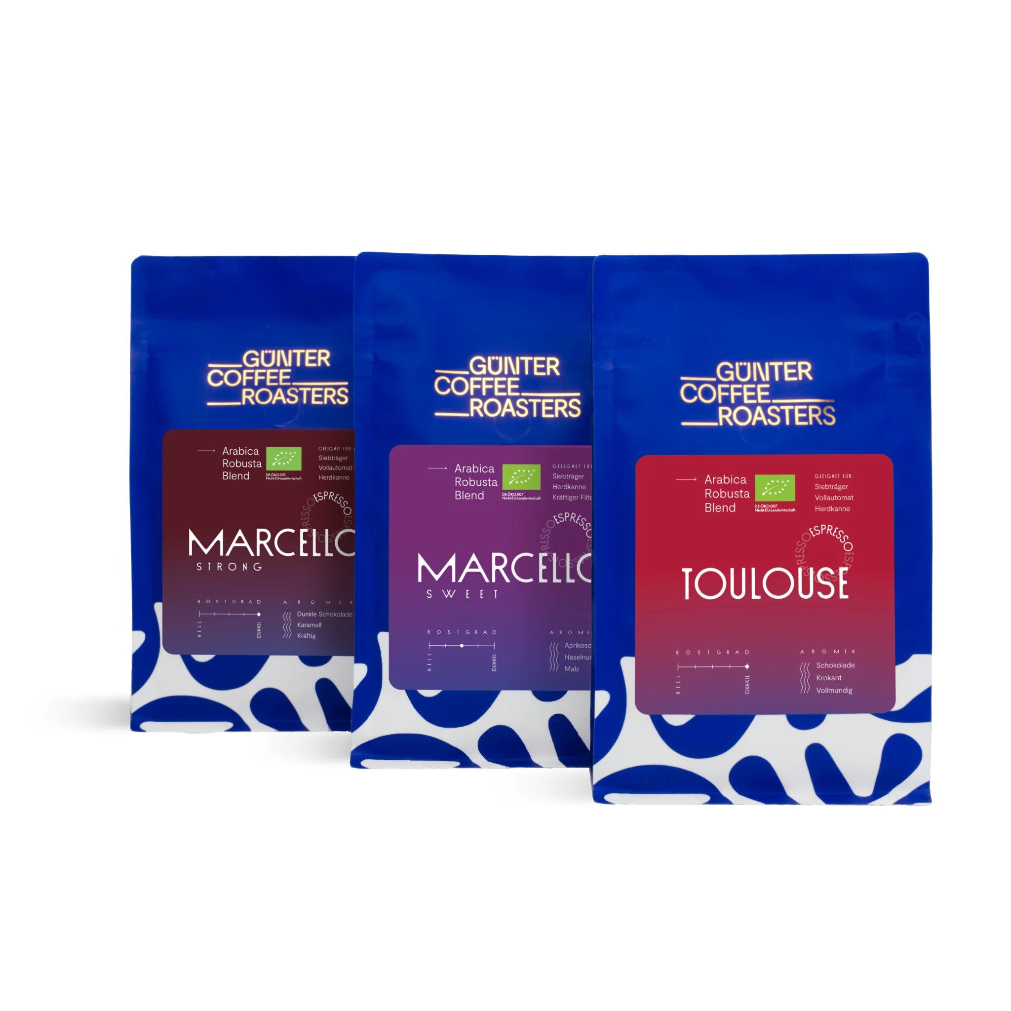 Espresso-Set dark Roast mit unseren Kaffees Marcello Strong, Marcello Sweet und Toulouse.