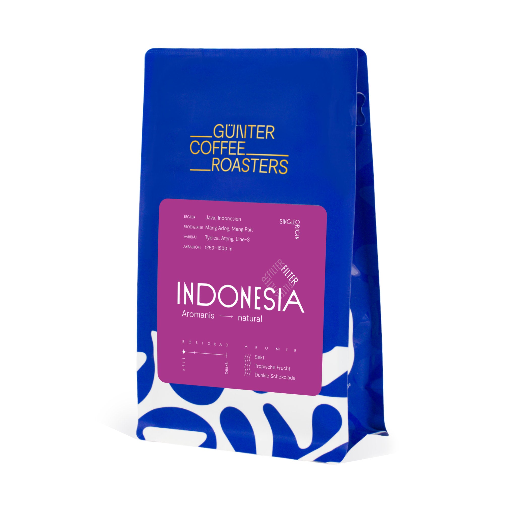 Produktverpackung Indonesia Aromanis, natürlich aufbereitete, hell geröstete Kaffeebohnen für Filterkaffee. Schmeckt nach Sekt, tropischer Frucht und dunkler Schokolade. Single-origin-Kaffee aus Indonesien.