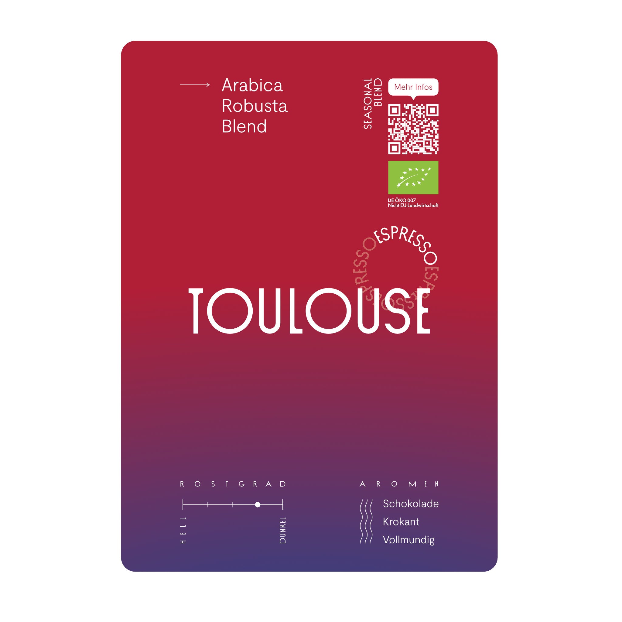 Infokarte Toulouse Bio-Kaffeebohnen aus Ruanda für die Zubereitung als Espresso. Noten von Schokolade und Krokant, vollmundig im Geschmack. Röstgrad 4 von 5. Arabica-Robusta-Blend mit Rohkaffees aus Indien, Brasilien und Guatemala.