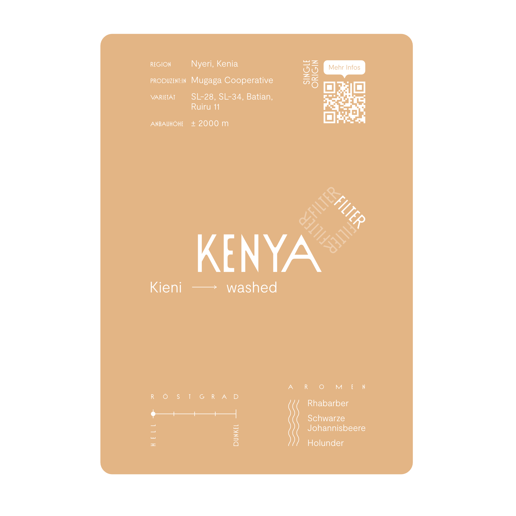 Infokarte Kenya Kieni Filterkaffeebohnen. Schmecken nach Rhabarber, schwarzer Johannisbeere und Holunder. Röstgrad 1 von 5.
