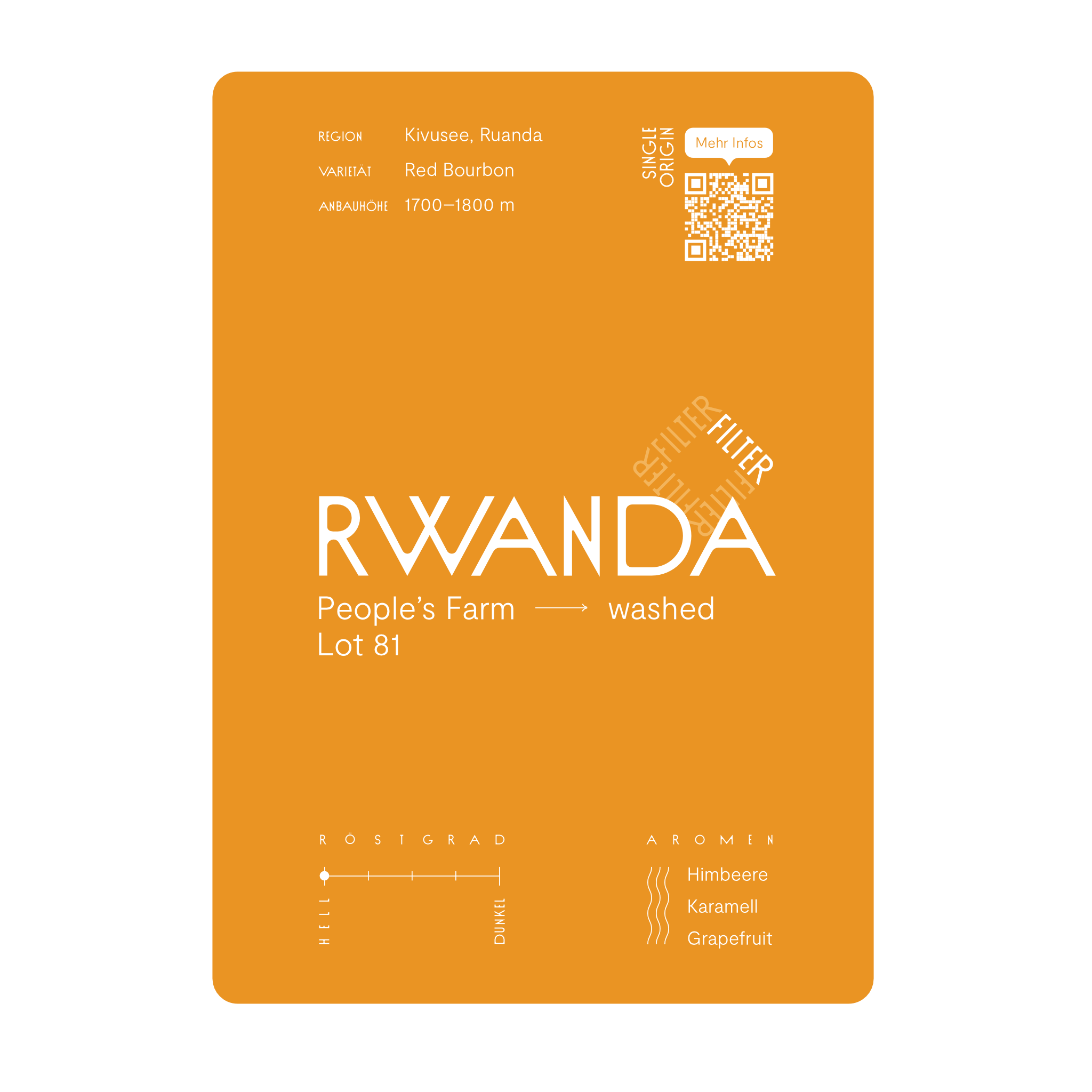 Infokarte Rwanda People's Farm Lot 81. Kaffeebohnen für die Filterkaffeezubereitung. Noten von Himbeere, Karamell und Grapefruit. Röstgrad 1 von 5.