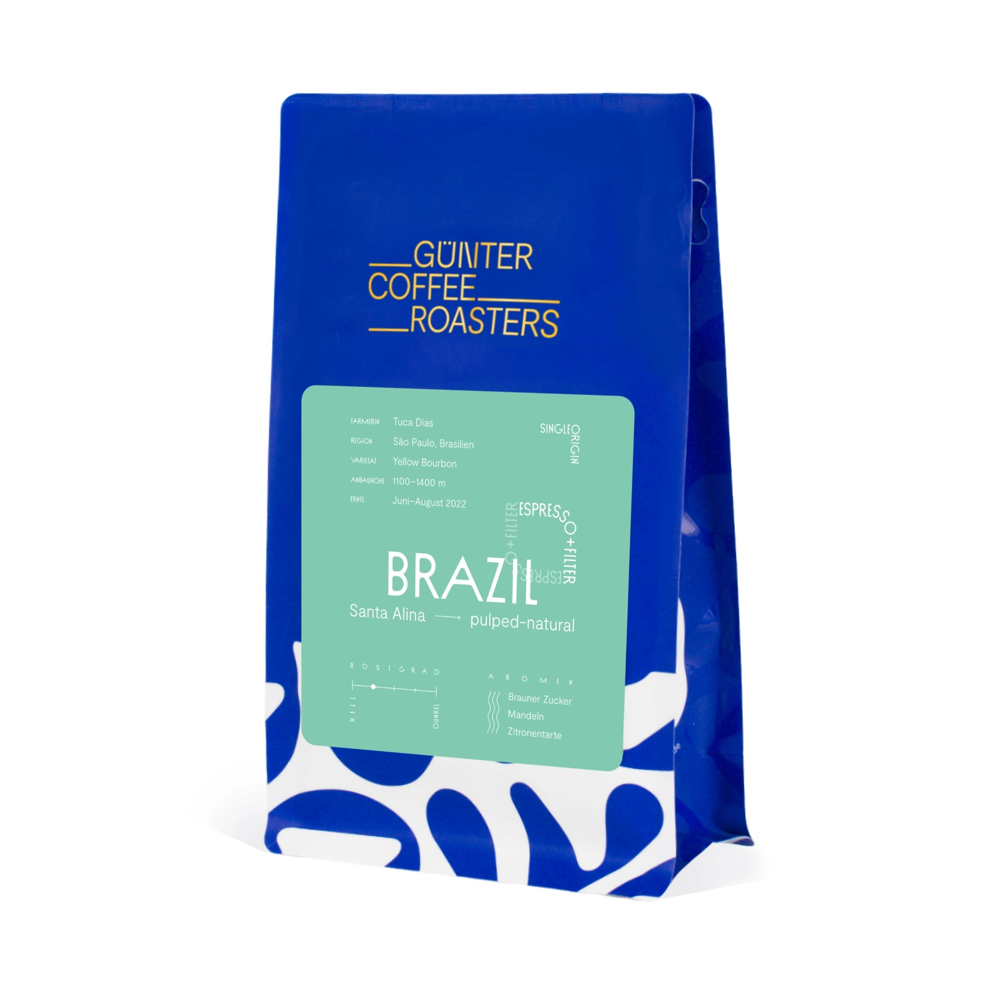 Produktverpackung Brazil Santa Alina. Kaffeebohnen für Espresso und Filterkaffee. Noten von braunem Zucker, Mandeln und Zitronentarte. Röstgrad 2 von 5. Sortenreiner Arabica-Kaffee.