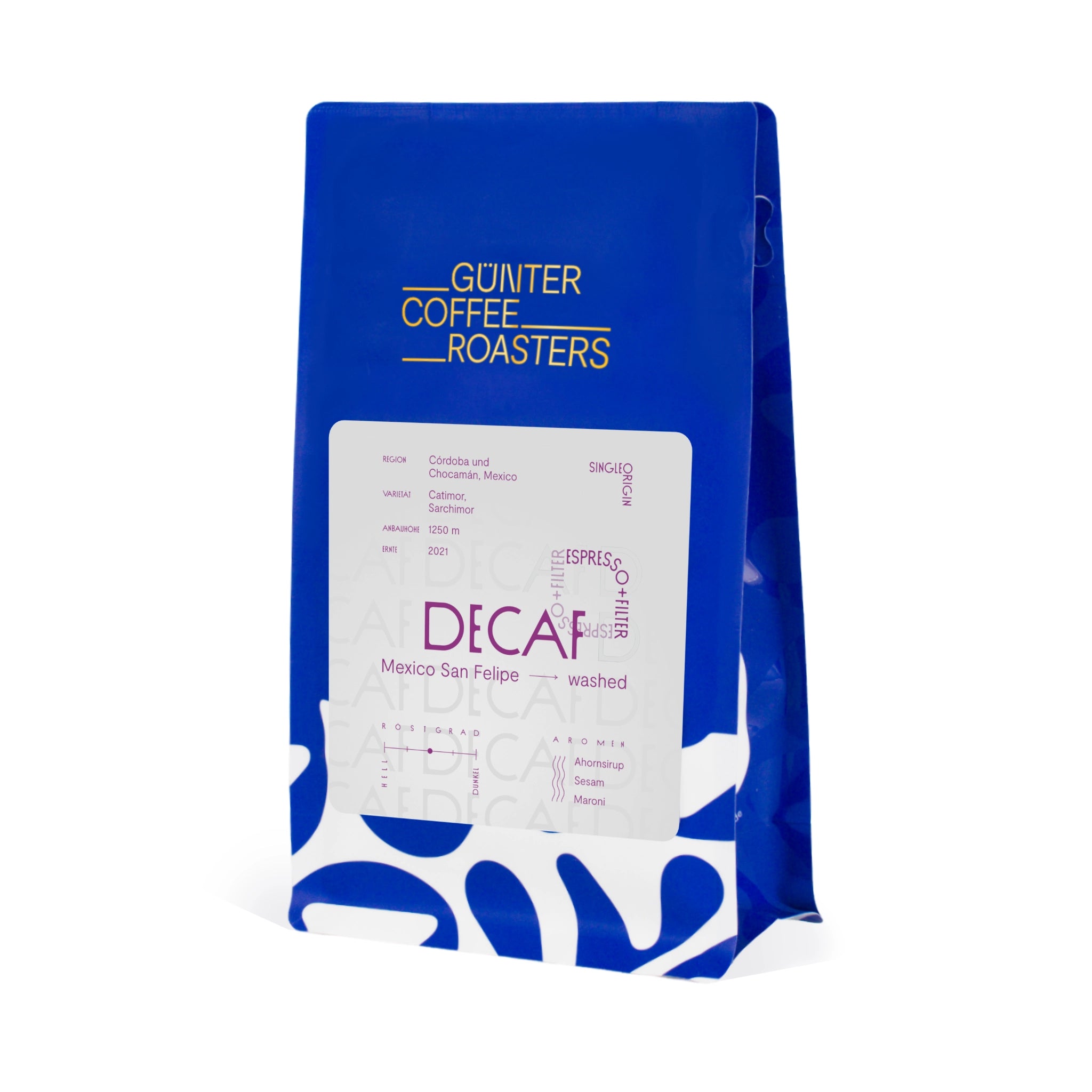 Produktverpackung Decaf Kaffeebohnen aus Mexiko für die Zubereitung als Filterkaffee oder Espresso. Noten von Ahornsirup, Sesam und Maroni. Röstgrad 3 von 5. Gewaschen aufbereiteter sortenreiner Arabica-Kaffee der Varietäten Catimor und Sarchimor.