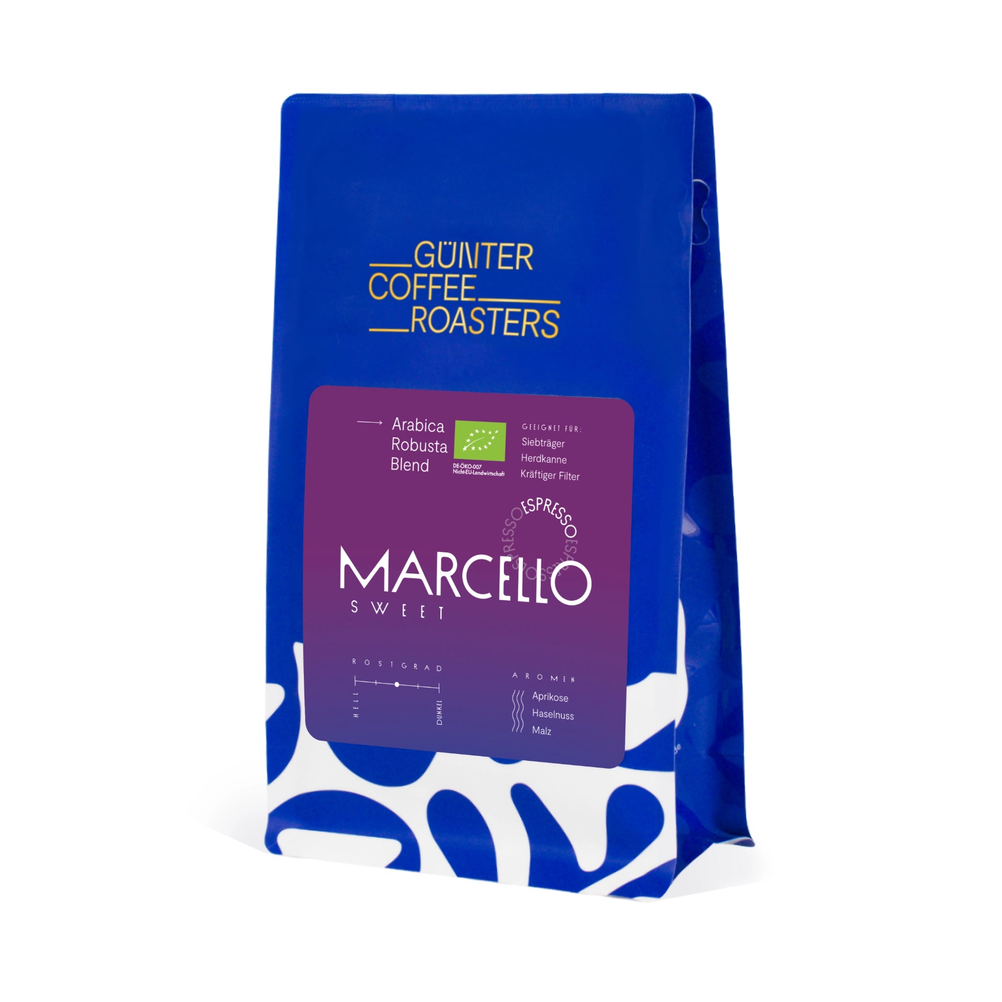 Produktverpackung Marcello Sweet Kaffeebohnen aus Indien, Peru und Brasilien für die Zubereitung als Espresso. Noten von Aprikose, Haselnuss und Malz. Röstgrad 3 von 5. Arabica-Robusta-Blend. Geeignet für Siebträger, Herdkanne oder als kräftiger Filter.