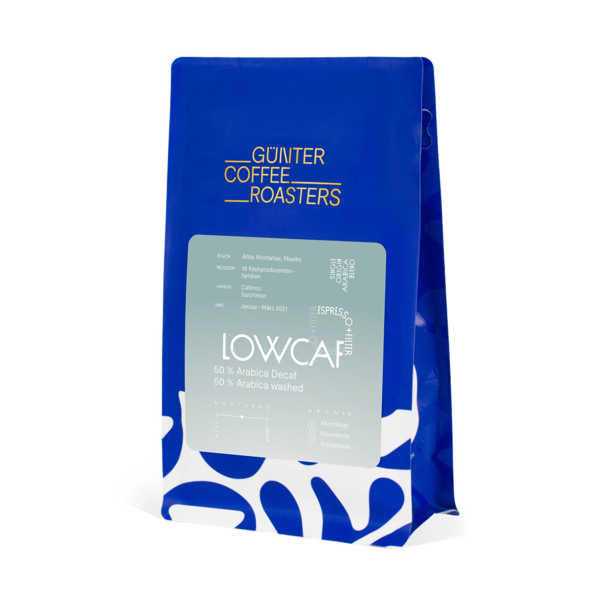 Produktverpackung Lowcaf Kaffeebohnen aus Mexiko für die Zubereitung als Filterkaffee oder Espresso. Noten von Ahornsirup, Pinienkernen und Schokolade. Röstgrad 3 von 5. Gewaschen aufbereiteter sortenreiner Kaffee der Varietäten Catimor und Sarchimor. Teilweise entkoffeiniert (50 %).