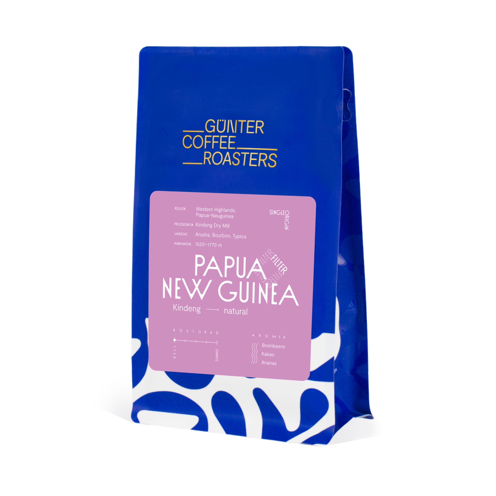 Produktverpackung Papua New Guinea Filterkaffeebohnen. Schmecken nach Brombeere, Kakao und Ananas. Röstgrad 1 von 5.