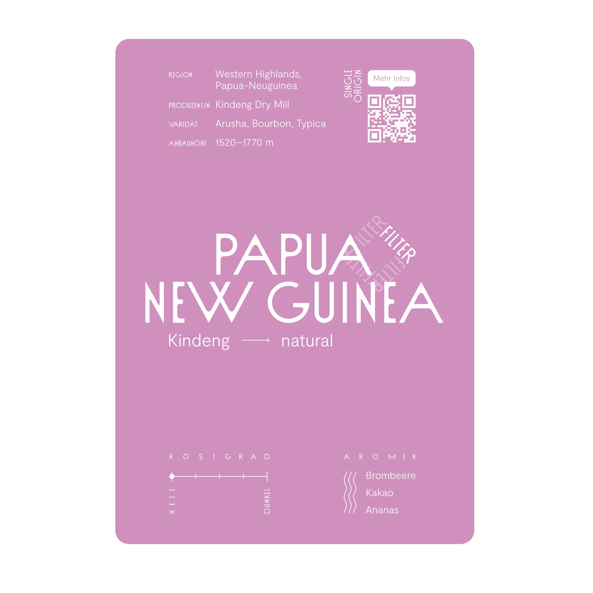 Infokarte Papua New Guinea Filterkaffeebohnen. Schmecken nach Brombeere, Kakao und Ananas. Röstgrad 1 von 5.