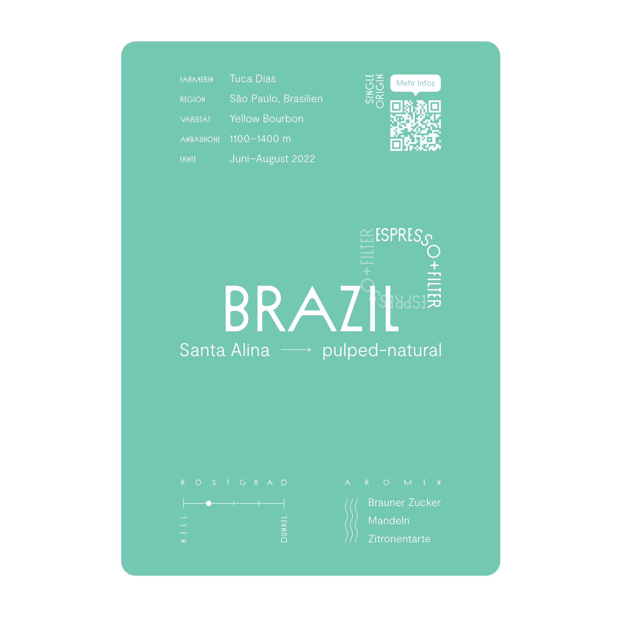 Infokarte Brazil Santa Alina. Kaffeebohnen für Espresso und Filterkaffee. Noten von braunem Zucker, Mandeln und Zitronentarte. Röstgrad 2 von 5.