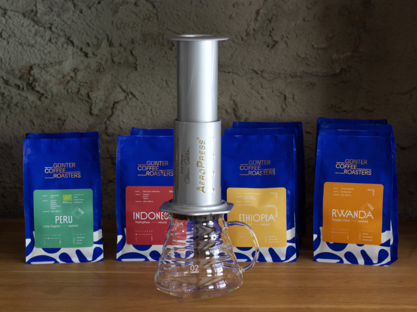 Titelbild zum Artikel über die Kaffeezubereitung mit der AeroPress. Zu sehen ist ein funktionaler AeroPress-Pokal in Silber auf einem Hario Range Server. Im Hintergrund unsere Filterkaffeepäckchen Peru, Indonesia, Ethiopia und Rwanda.