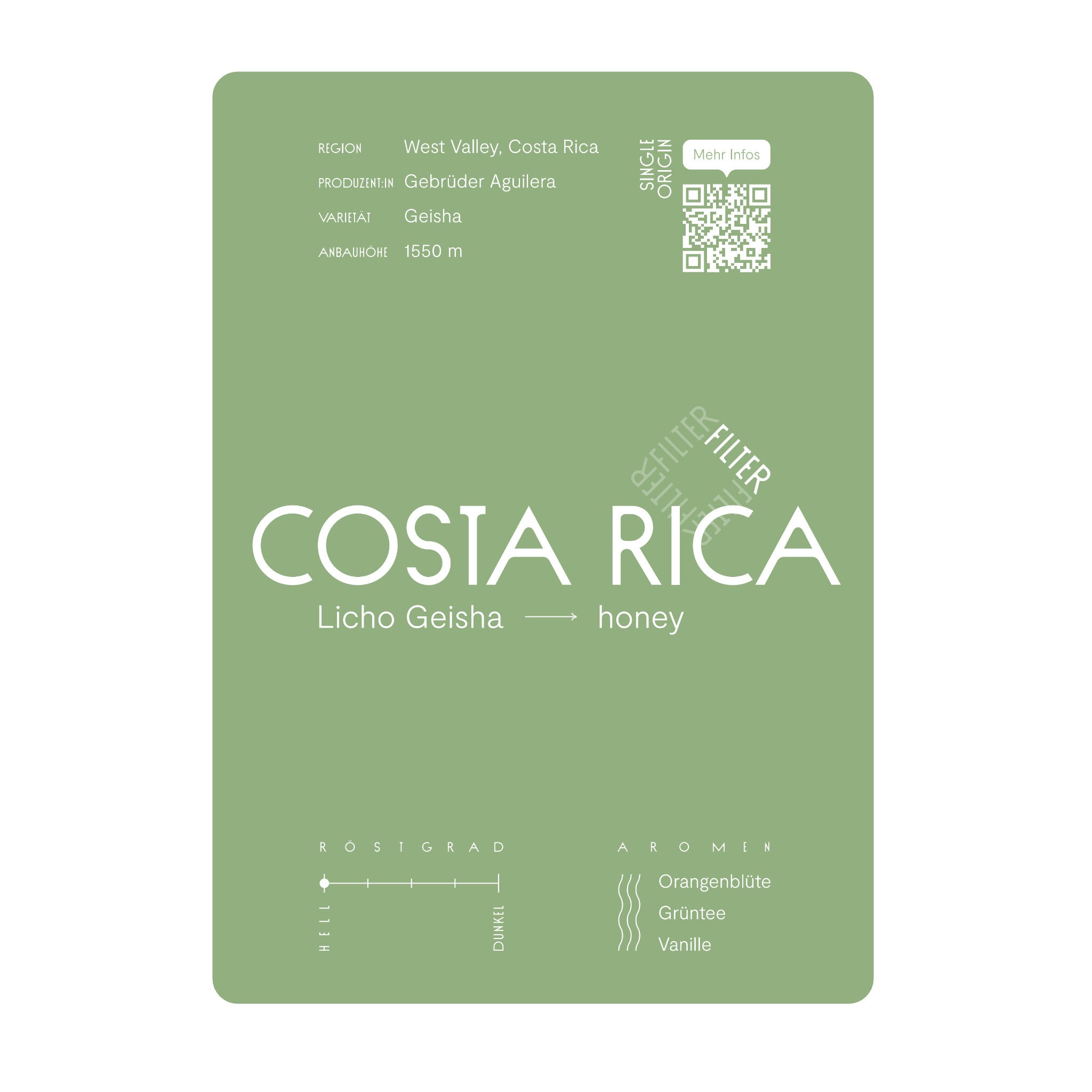 Infokarte Costa Rica Licho Geisha. Aufbereitet nach dem Honey-Verfahren. Schmeckt nach Orangenblüte, Grüntee und Vanille. Heller Röstgrad.