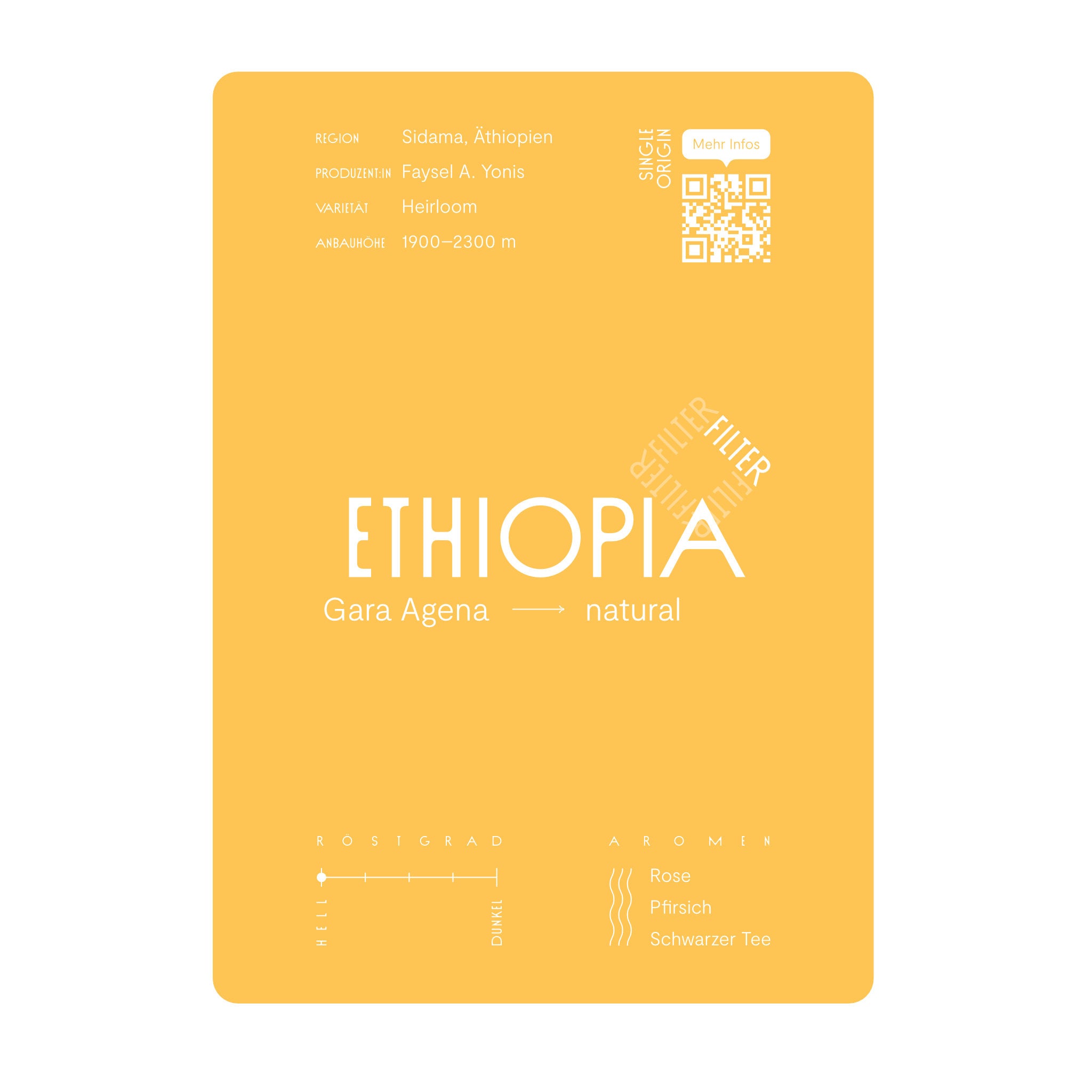 Infokarte Ethiopia Gara Agena, natürlich aufbereiteter Kaffee, hell geröstet zur Filterkaffeezubereitung. Noten von Rose, Pfirsich und schwarzem Kaffee.