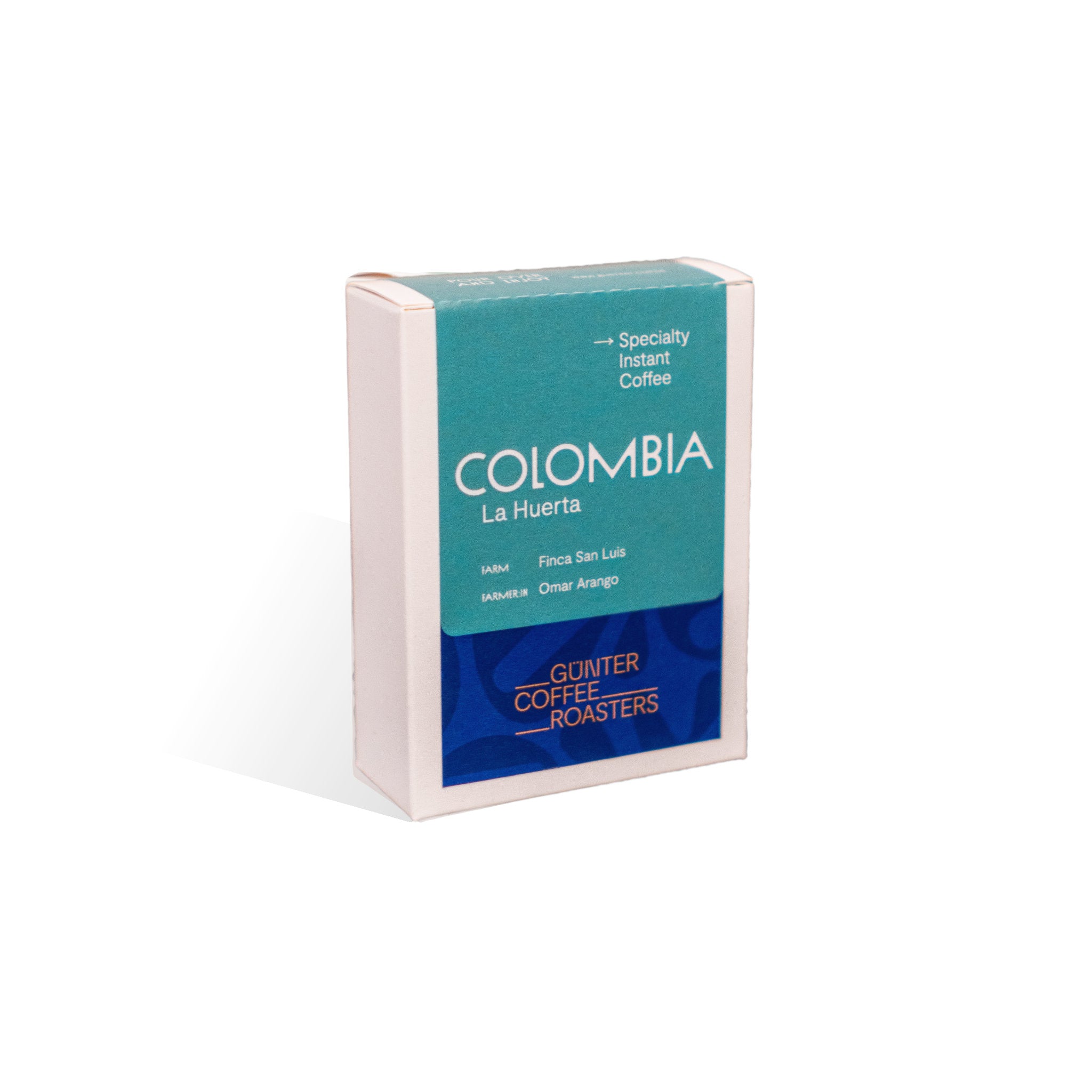 Instantkaffee Colombia La Huerta. Produktverpackung mit fünf Portionen Kaffee.