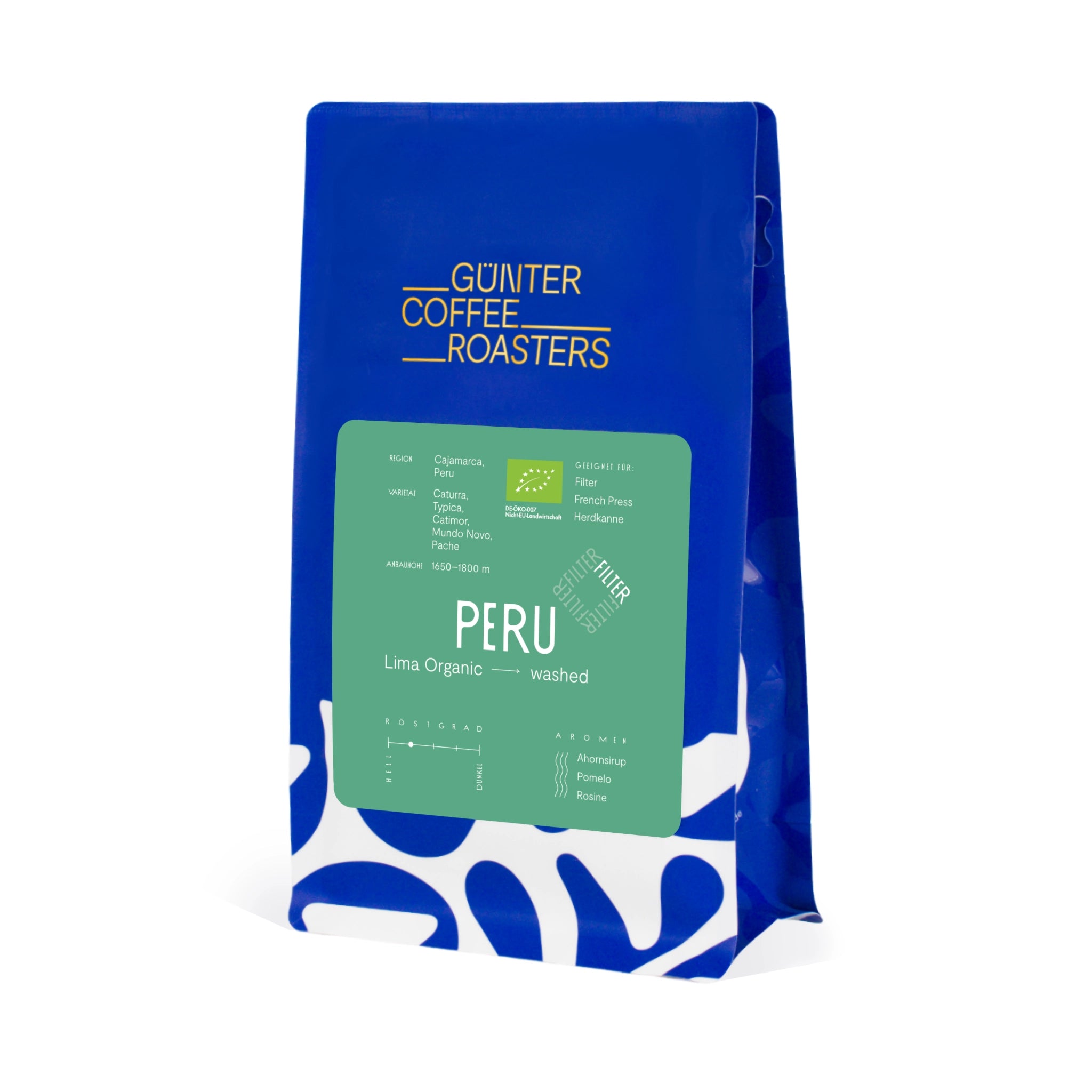 Produktverpackung Peru Lima Organic Bio-Kaffeebohnen aus Peru für die Zubereitung als Filterkaffee. Noten von Ahornsirup, Pomelo und Rosine. Röstgrad 2 von 5. Gewaschen aufbereiteter sortenreiner Arabica-Kaffee der Varietäten Caturra, Typica, Catimor, Mundo Novo und Pache.