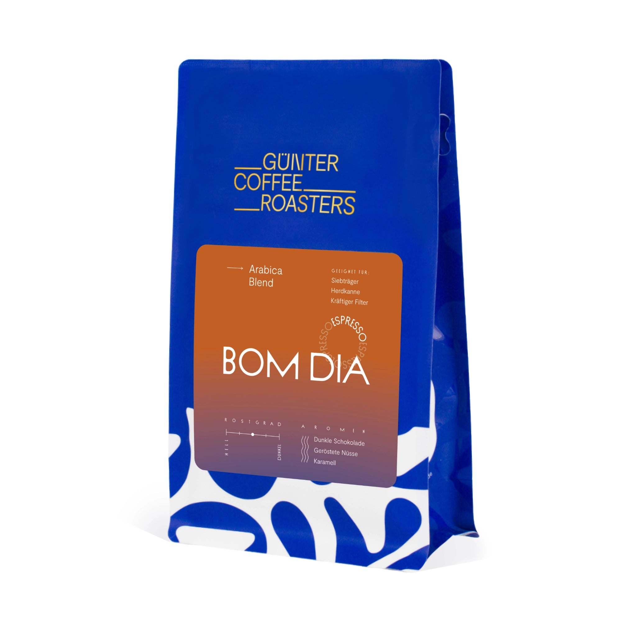 Produktverpackung Bom Dia Kaffeebohnen für die Espressozubereitung. Noten von dunkler Schokolade, gerösteten Nüssen und Karamell. Röstgrad 3 von 5. Arabica-Mischung.