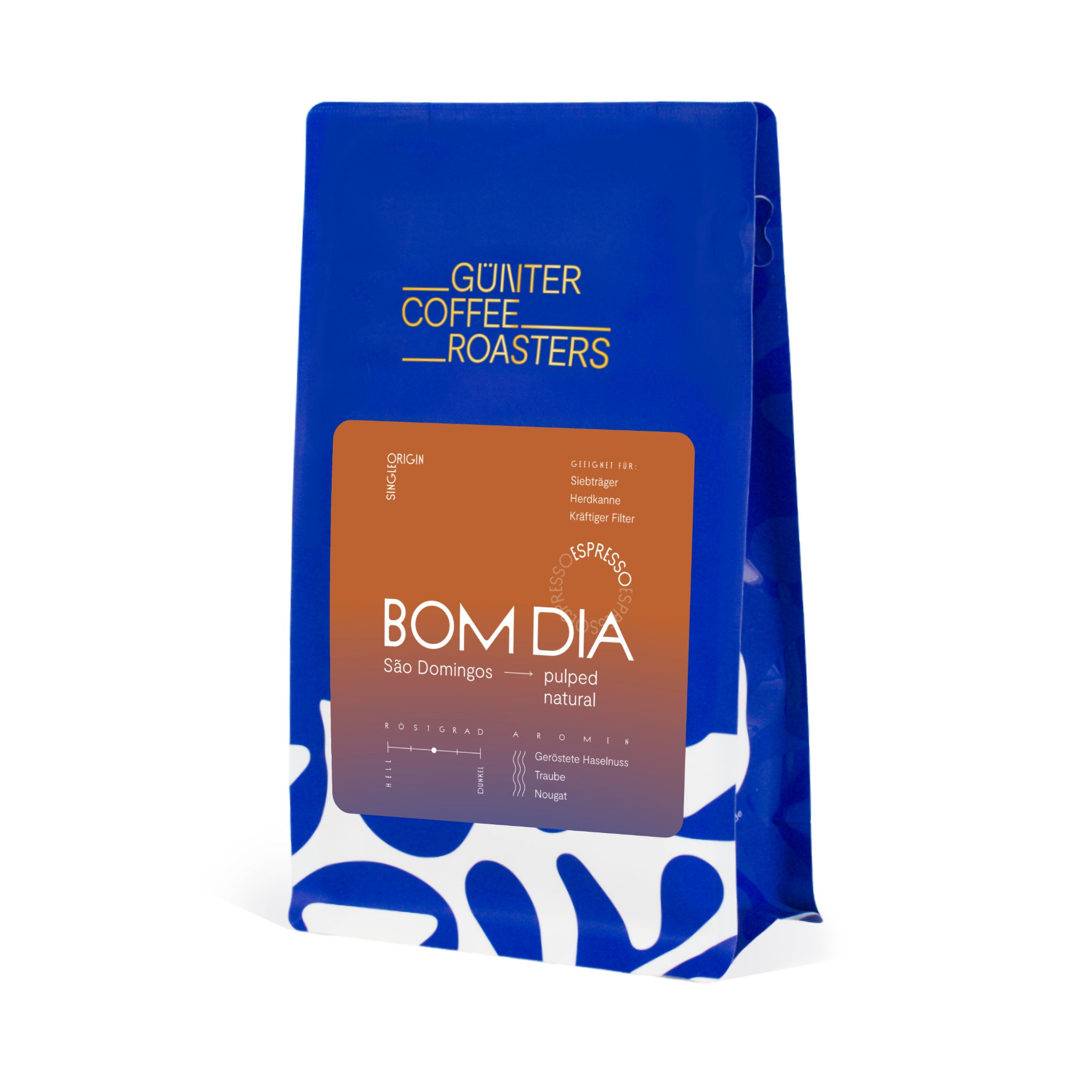 Produktverpackung Bom Dia Kaffeebohnen für die Espressozubereitung. Noten von gerösteter Haselnuss, Traube und Nougat. Röstgrad 3 von 5. Single-Origin-Arabica.