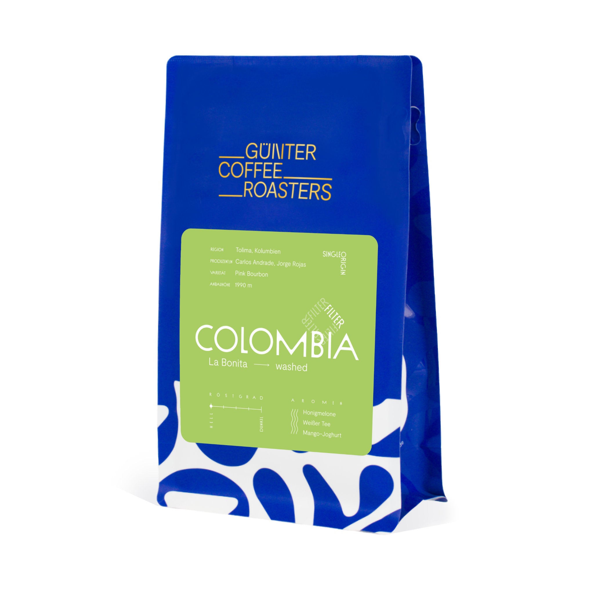 Produktverpackung Colombia La Bonita Kaffeebohnen für die Zubereitung als Filterkaffee. Noten von Honigmelone, weißem Tee und Mangojoghurt. Röstgrad 1 von 5.