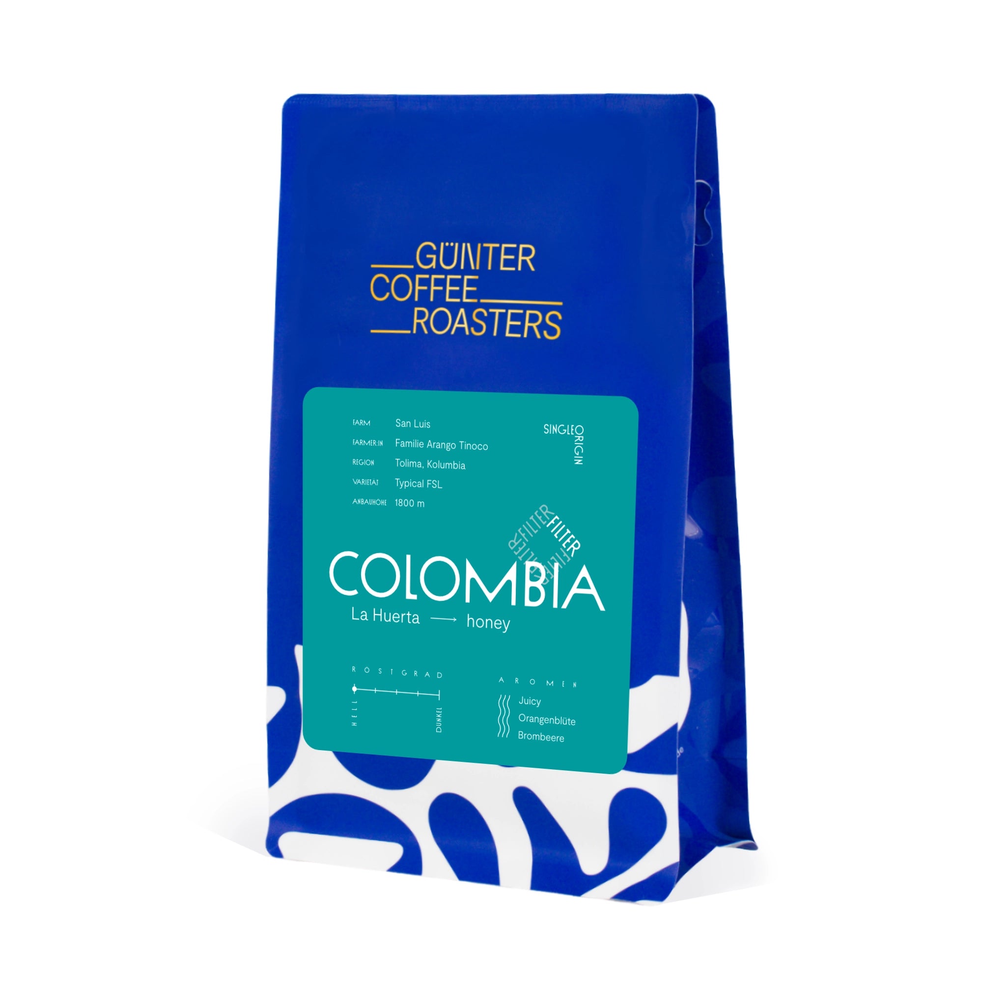 Produktverpackung Colombia La Huerta. Kaffeebohnen für Filterkaffee. Saftige Noten von Orangenblüte und Brombeere. Röstgrad 1 von 5. Sortenreine Arabica-Kaffeebohnen.