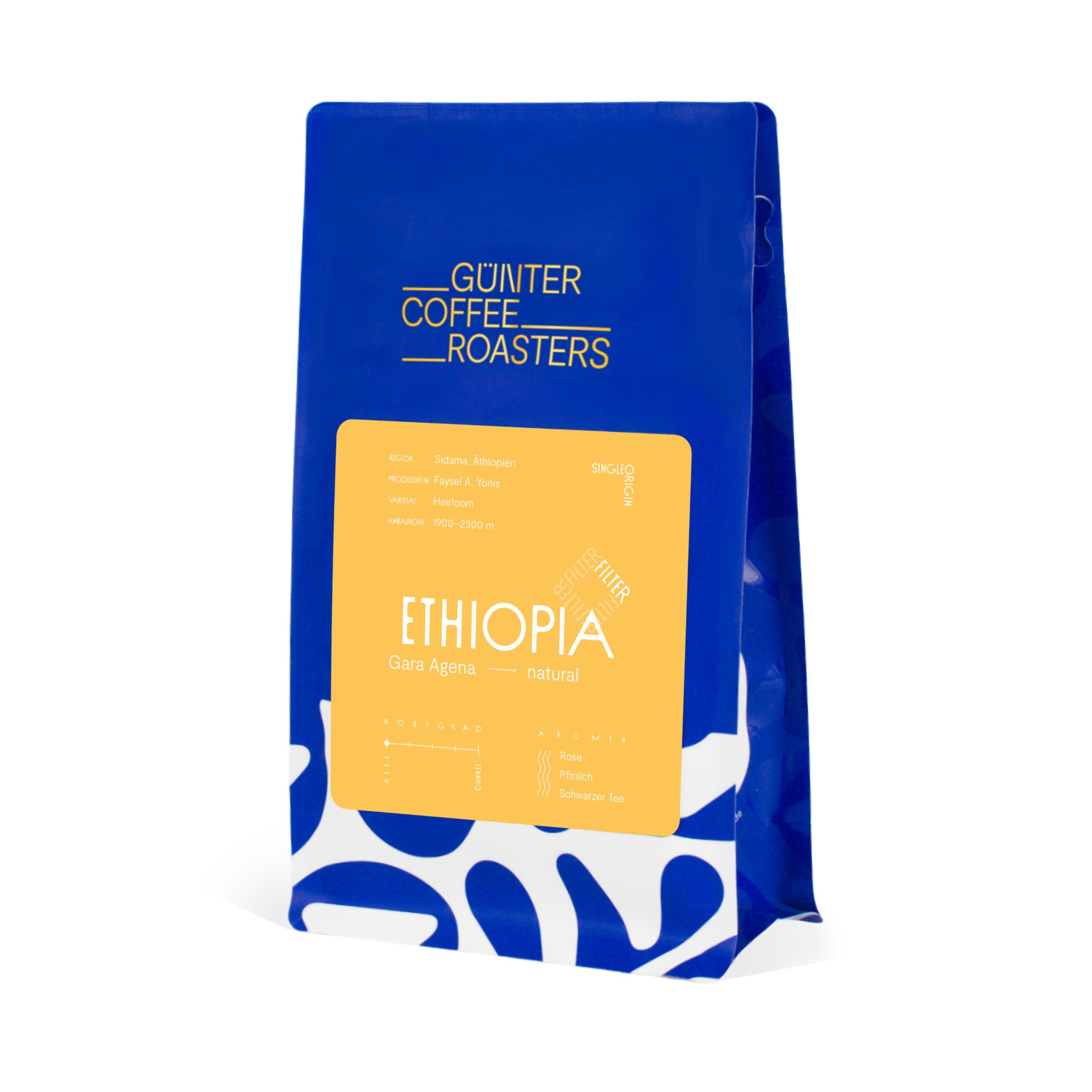 Produktpackung Ethiopia Gara Agena, natürlich aufbereiteter Kaffee, hell geröstet zur Filterkaffeezubereitung. Noten von Rose, Pfirsich und schwarzem Kaffee.