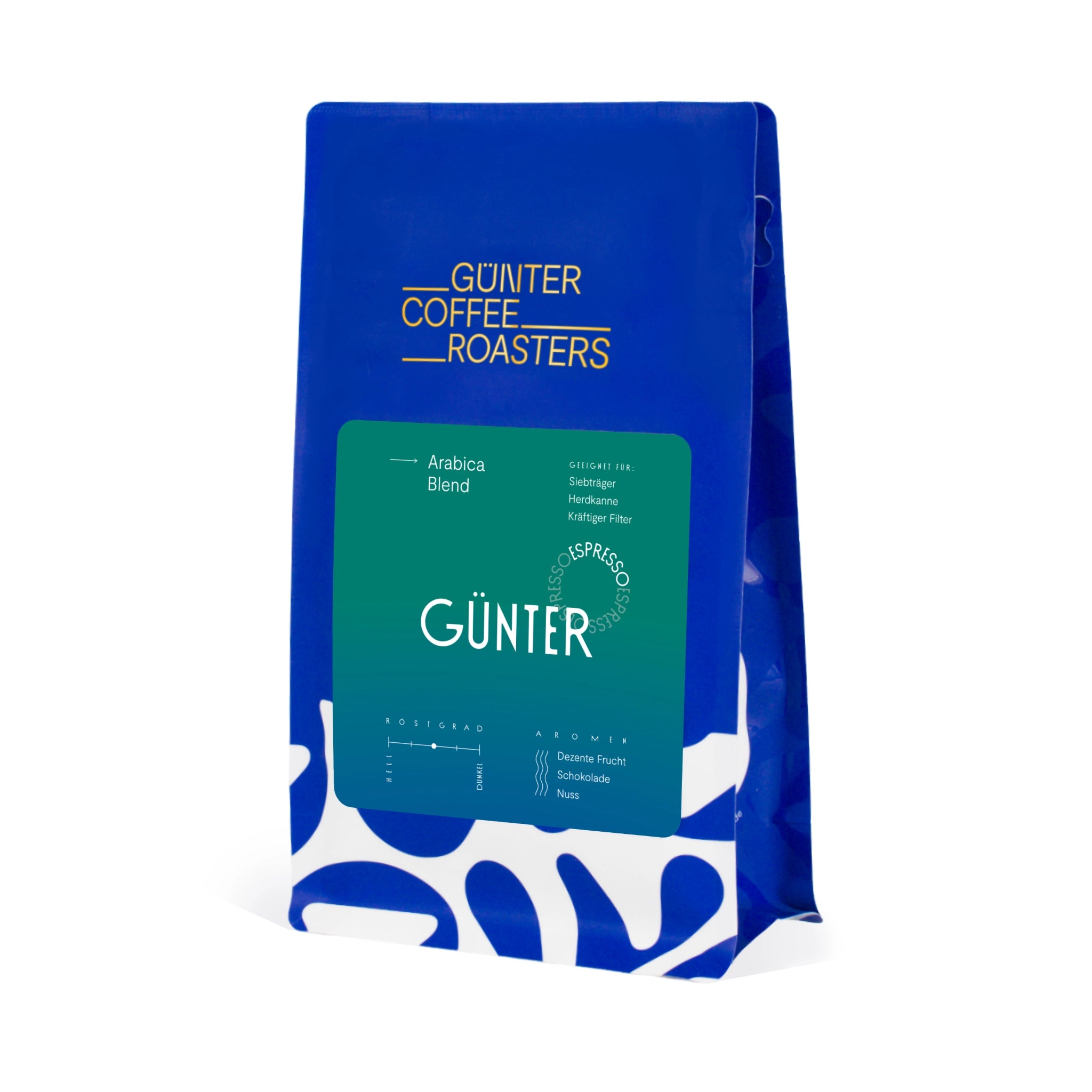 Produktverpackung Günter Seasonal Hausblend Kaffeebohnen für die Zubereitung als Espresso. Noten von dezenter Frucht, Schokolade und Nuss. Röstgrad 3 von 5. Arabica-Mischung geröstet für Siebträger, Herdkanne oder kräftigen Filterkaffee.