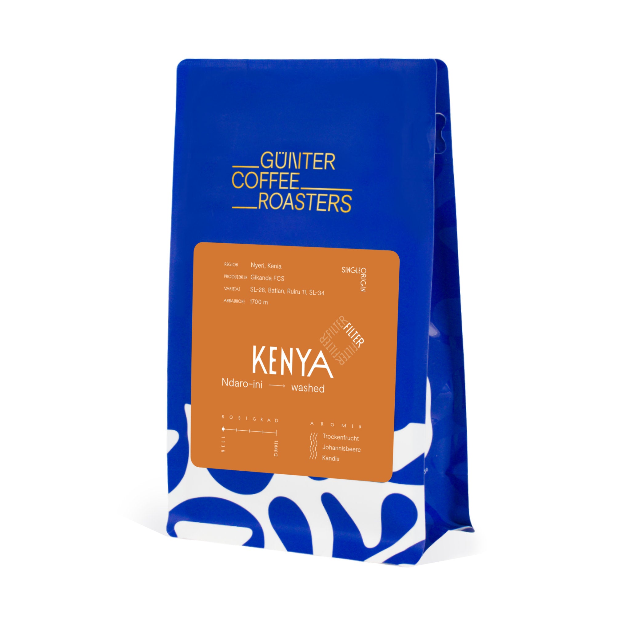 Produktverpackung Kenya Ndaro-ini Kaffeebohnen, washed aufbereitet. Schmeckt nach Trockenfrucht, Johannisbeere und Kandis. Geröstet zur Zubereitung als Filterkaffee.