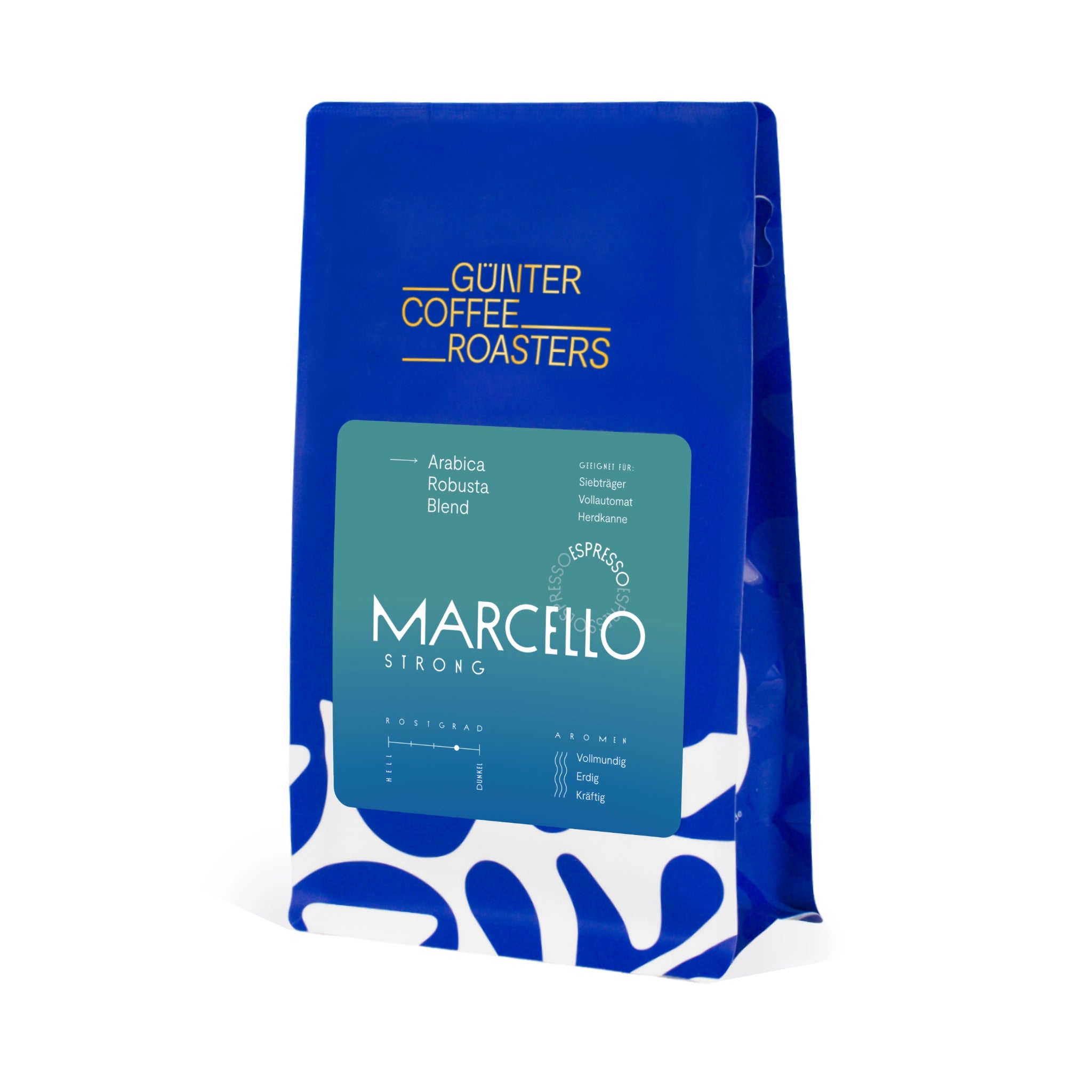 Produktverpackung Marcello Strong Kaffeebohnen aus Mexiko und Ruanda für die Zubereitung als Espresso. Vollmundig, erdig, kräftig im Geschmack. Röstgrad 4 von 5. Arabica-Robusta-Blend. Geeignet für Siebträger, Vollautomat und Herdkanne.