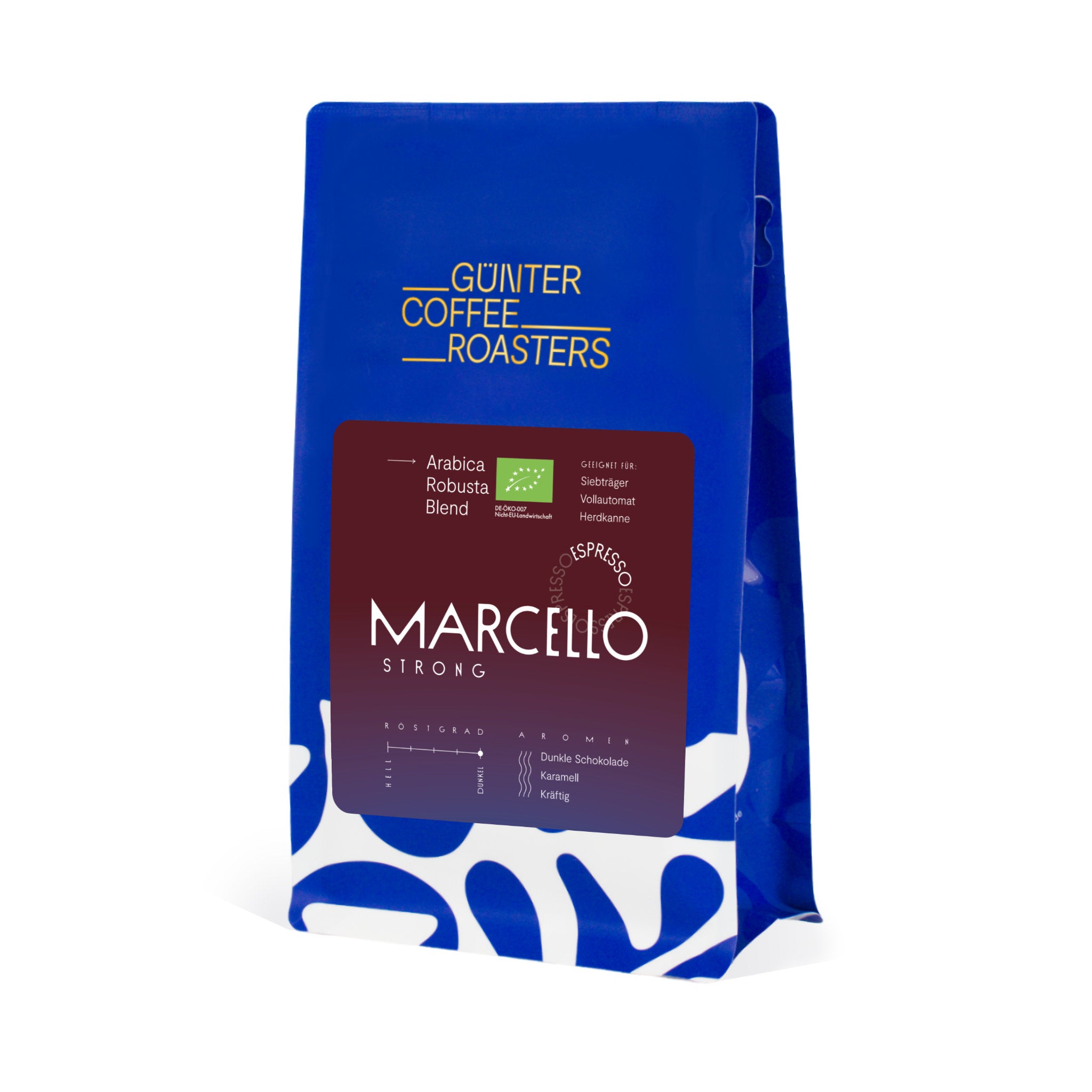 Produktverpackung Marcello Strong Kaffeebohnen aus Indien und Brasilien für die Zubereitung als Espresso. Schmeckt kräftig und nach dunkler Schokolade sowie Karamell. Röstgrad 5 von 5. Arabica-Robusta-Mischung. Geeignet für Siebträger, Vollautomat und Herdkanne.