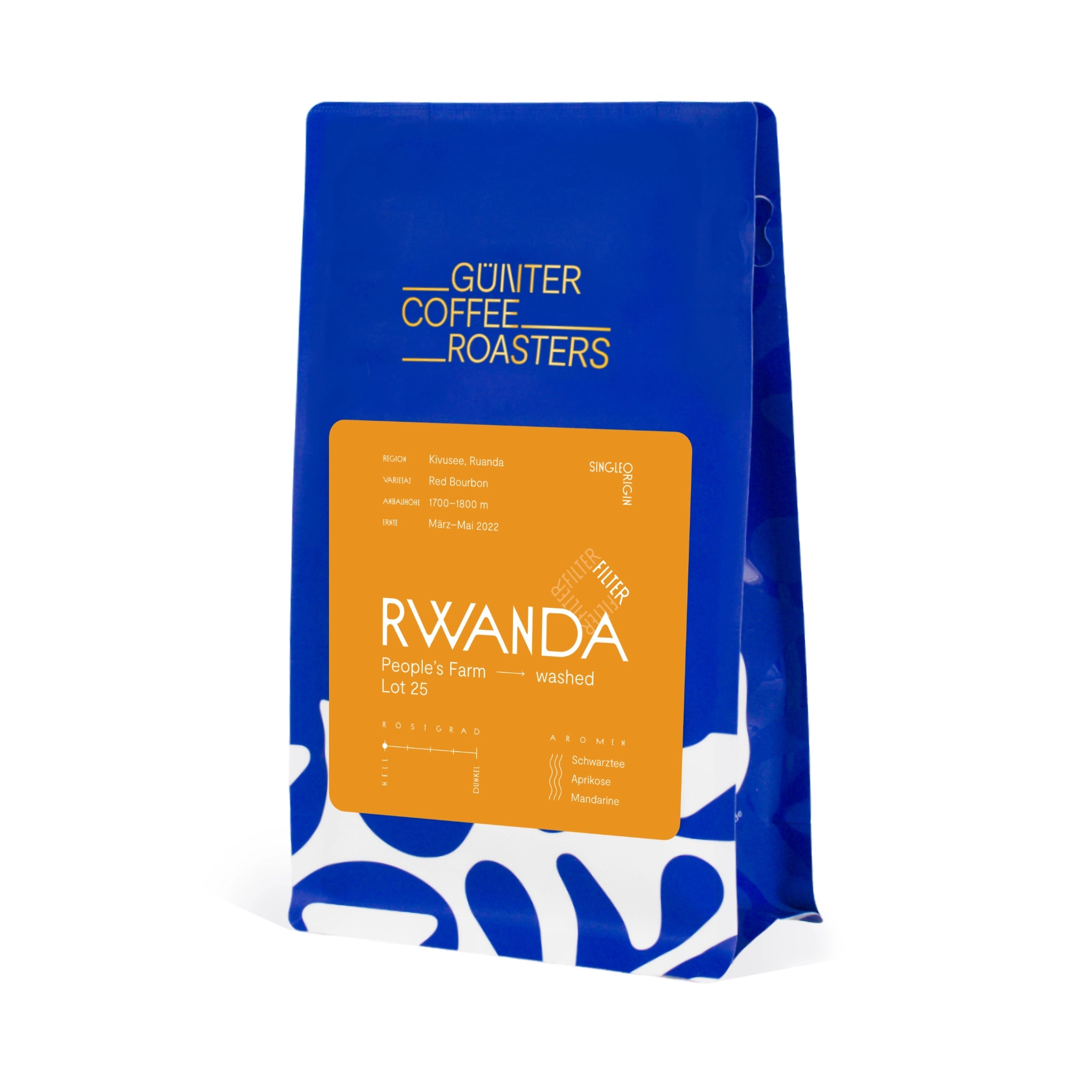 Produktverpackung Rwanda People's Farm Lot 25. Sortenreine Arabica-Kaffeebohnen für die Filterzubereitung. Noten von Schwarztee, Aprikose und Mandarine. Röstgrad 1 von 5.