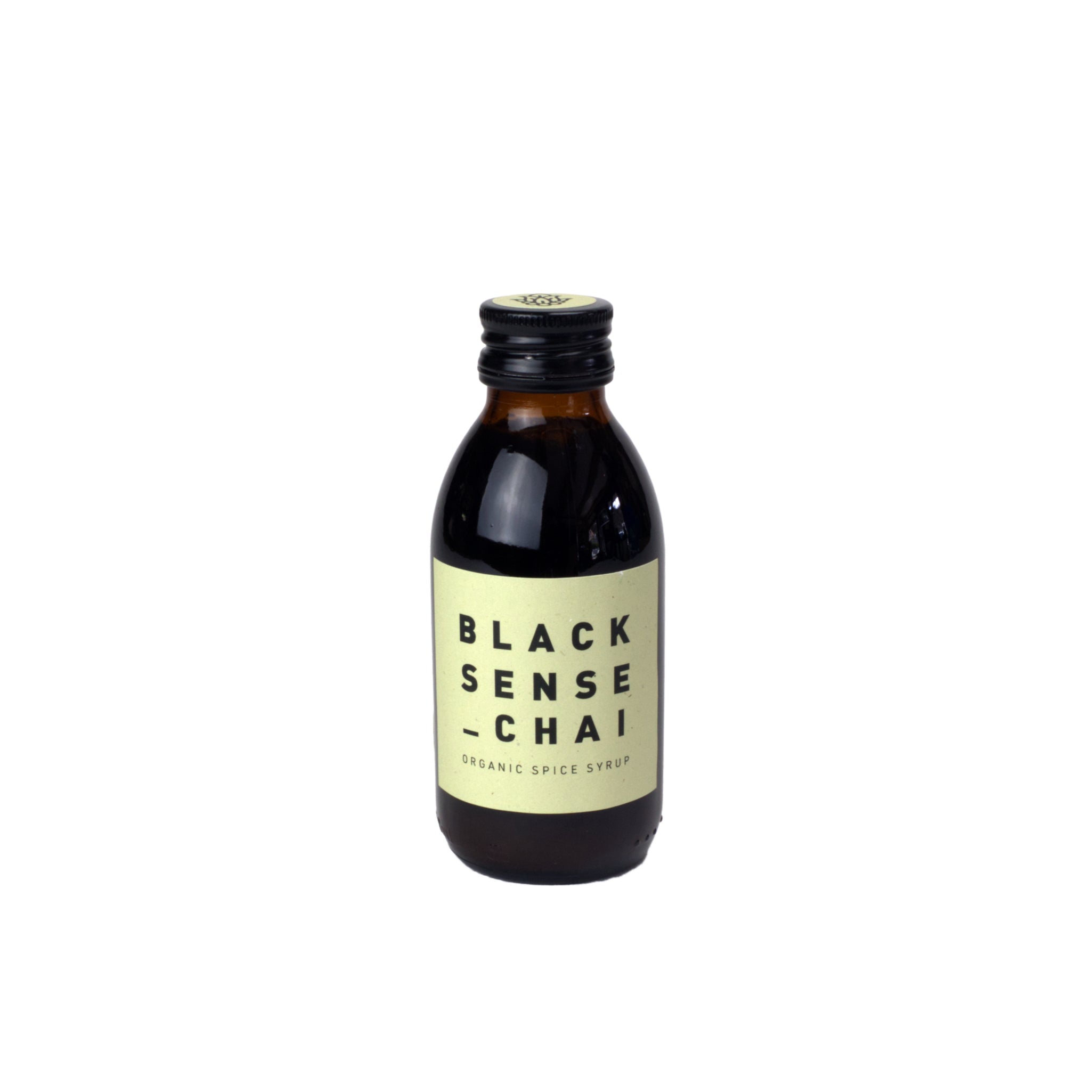 Black Sense Chai Flasche in 150 ml. Braune Flasche mit hellgelbem Etikett.