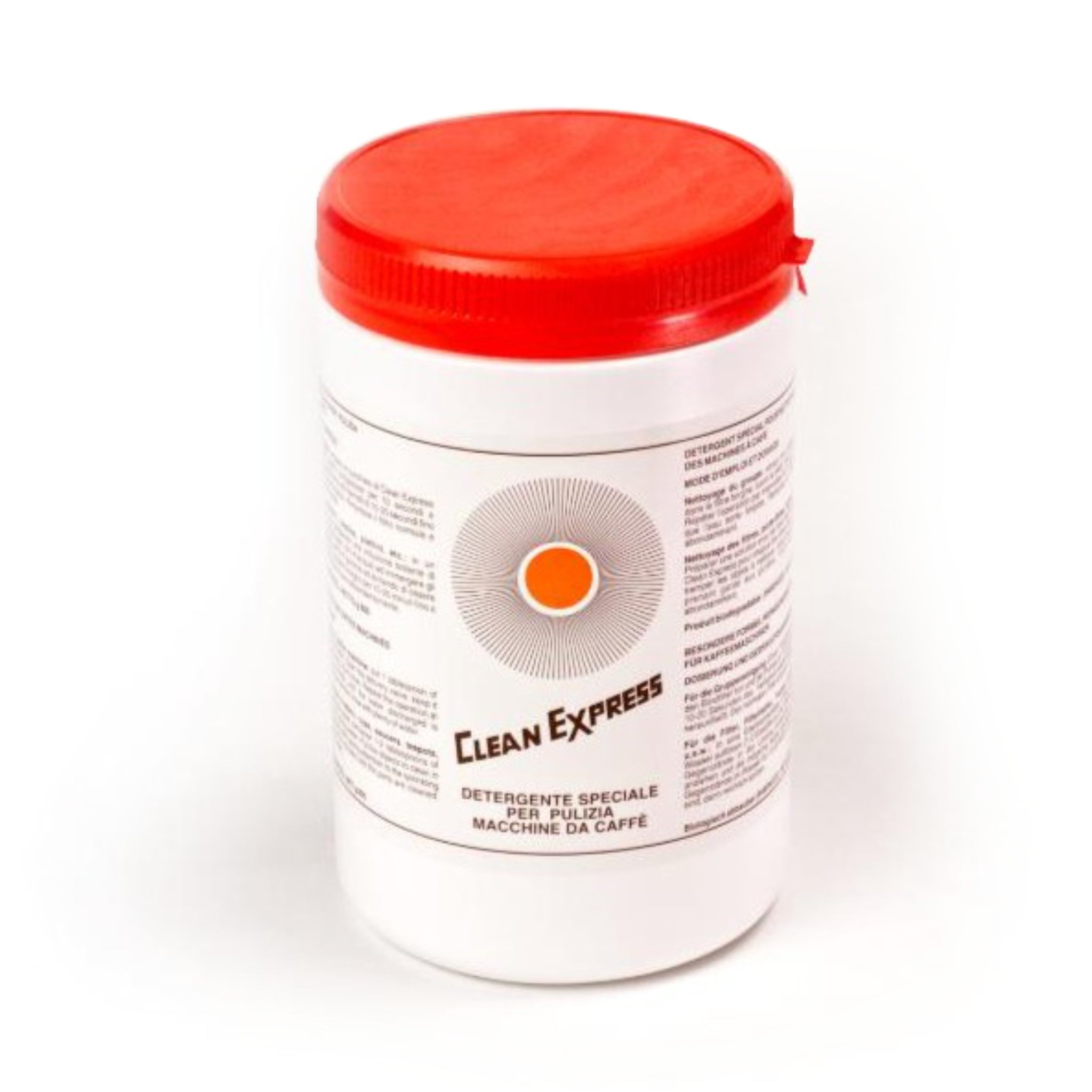 Produktbild Clean Express Reinigungsmittel für Siebtraeger-Kaffeemaschinen. Runde, weiße Verpackung mit schwarzer Schrift und rotem Deckel.