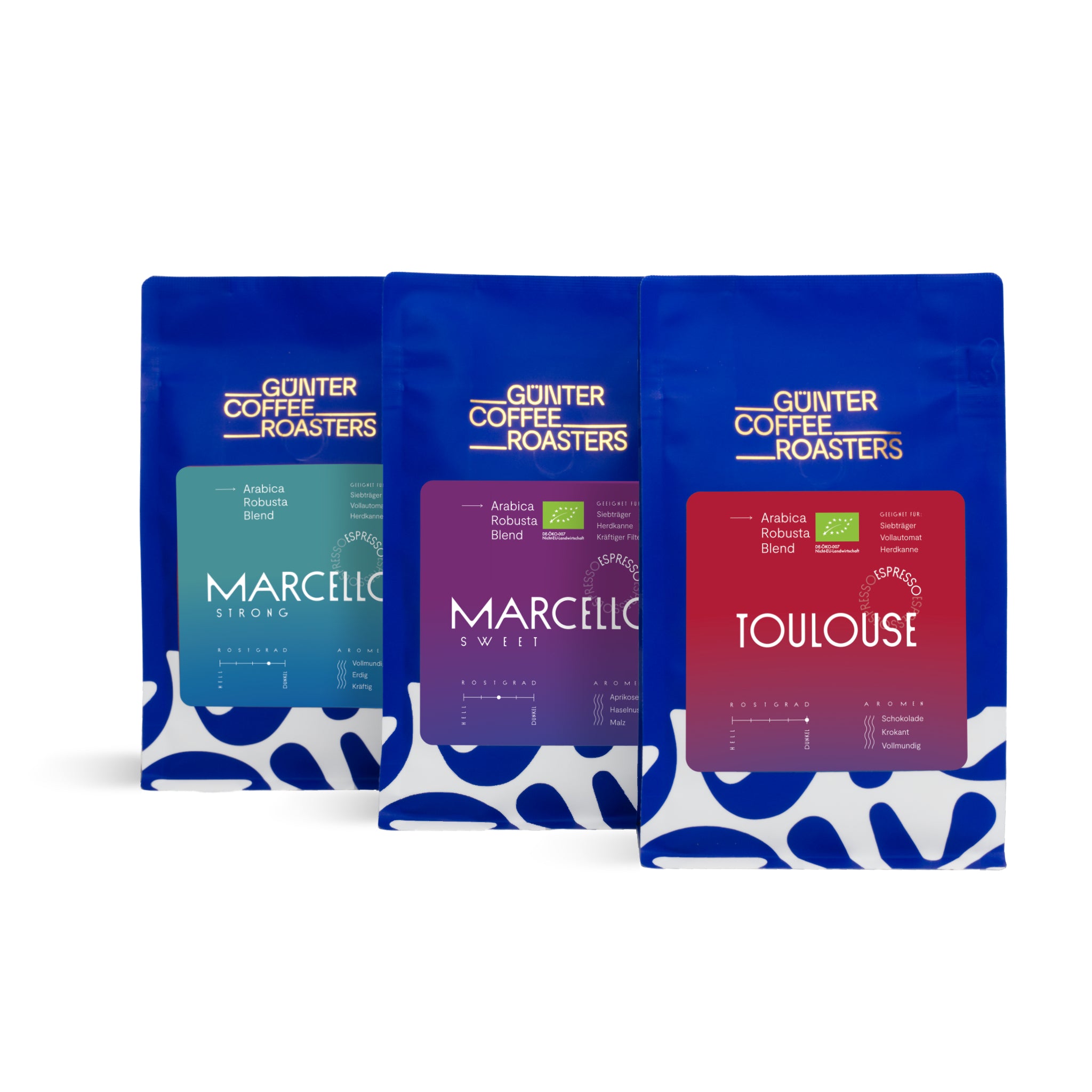 Espresso-Set dark Roast mit unseren Kaffees Marcello Strong, Marcello Sweet und Toulouse.