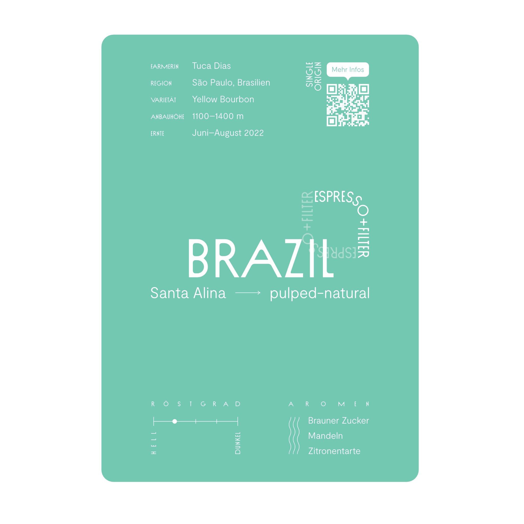 Infokarte Brazil Santa Alina. Kaffeebohnen für Espresso und Filterkaffee. Noten von braunem Zucker, Mandeln und Zitronentarte. Röstgrad 2 von 5.