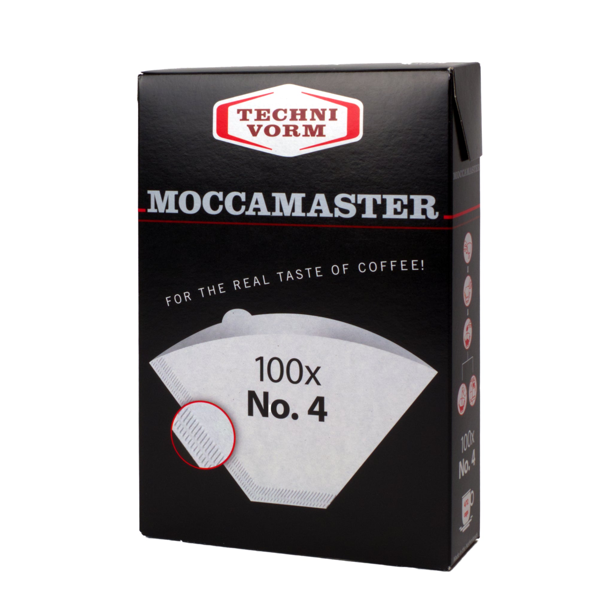 Produktverpackung für Technivorm Moccamaster Filter No. 4 (100 Stk). Schwarze Verpackung mit grauer Schrift "For the real taste of coffee!"