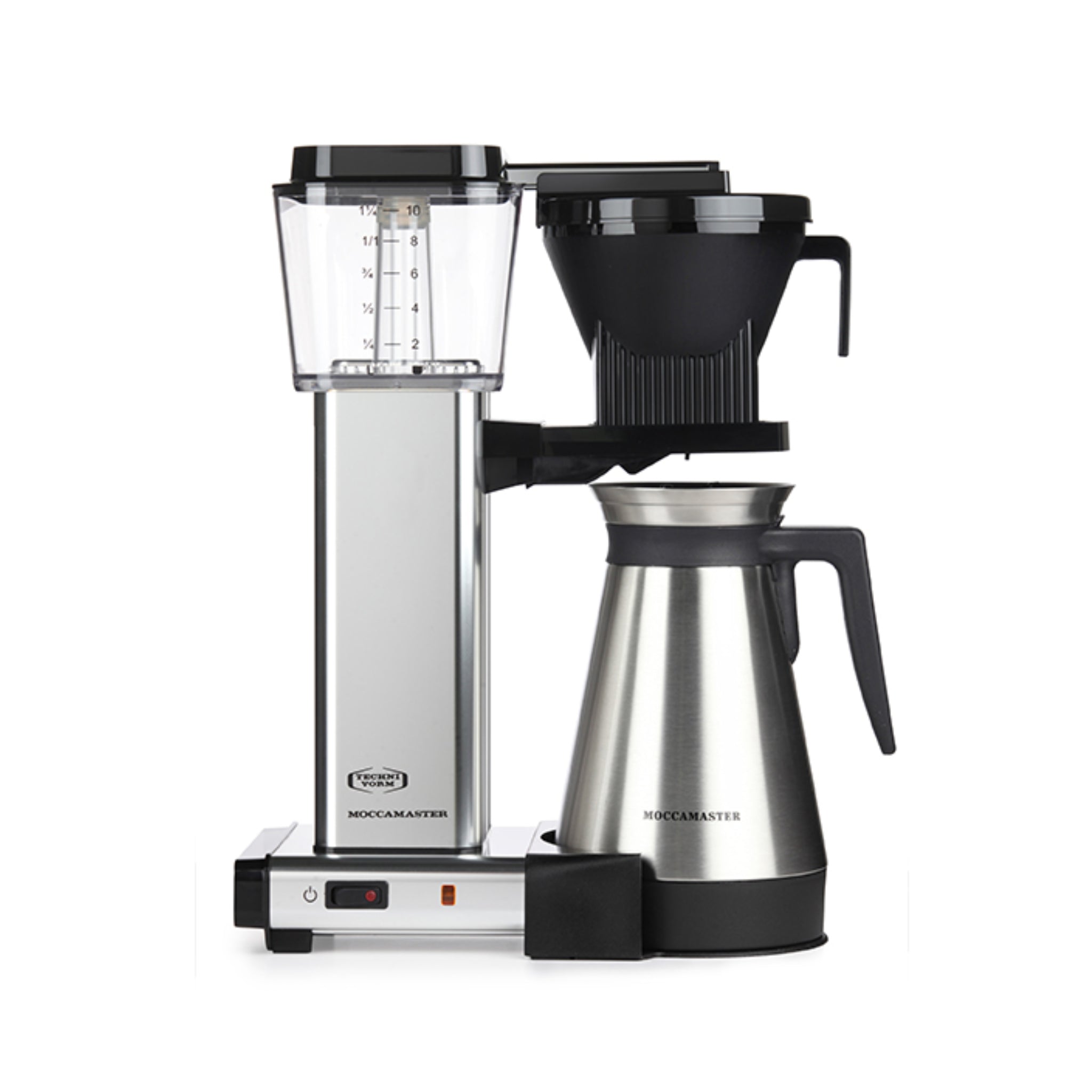 Technivorm Moccamaster KBGT Kaffeemaschine in silber-poliert vor weißem Hintergrund.