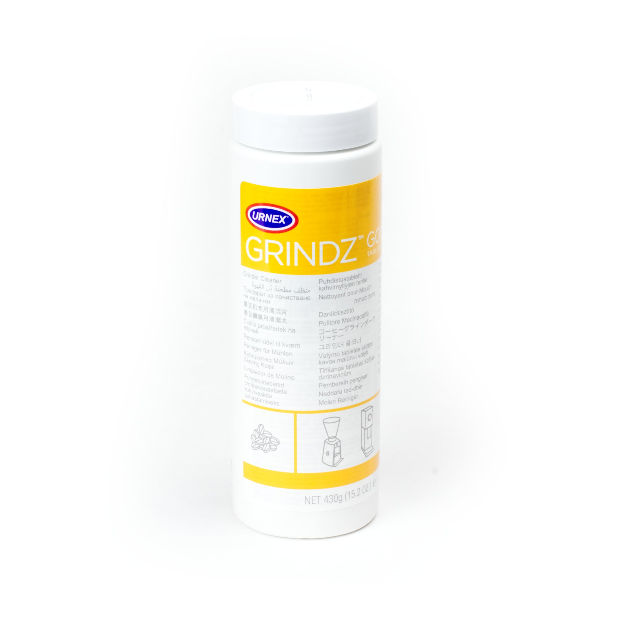 Produktbild Urnex Grindz Kaffeemühlen-Reiniger. Weiße runde Verpackung mit gelb-weißem Etikett, Urnex-Logo und schwarzer Schrift.